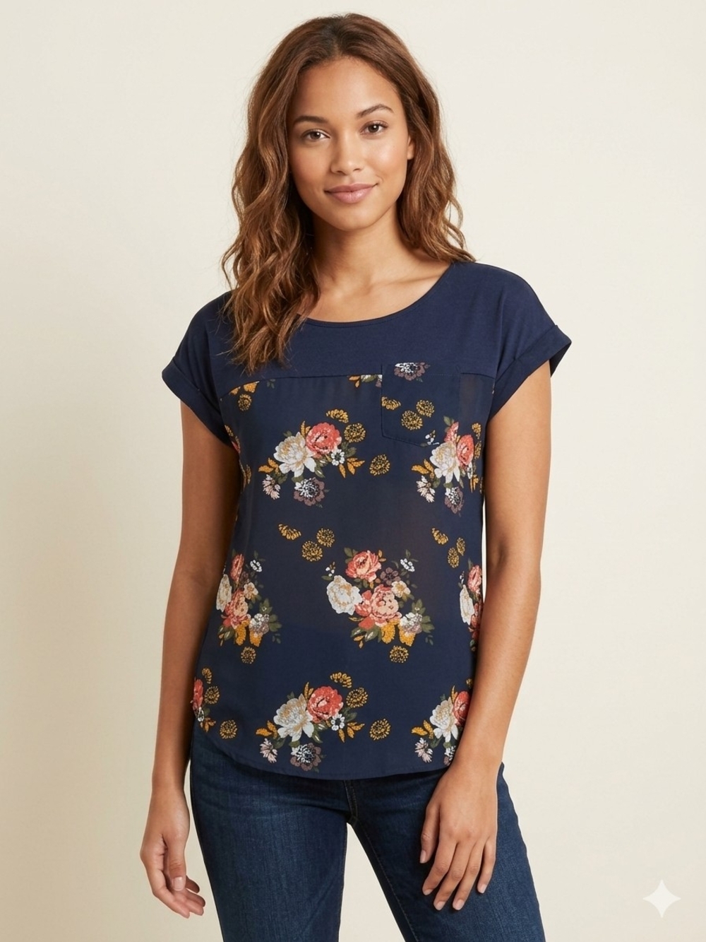Mason & Belle Navy Floral Mixed Media Pocket Tee Blouse - Size XS
